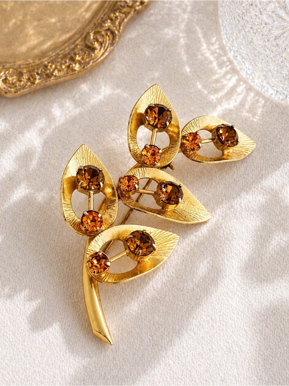 Vintage Gold tone, Amber Rhinestone Brooch